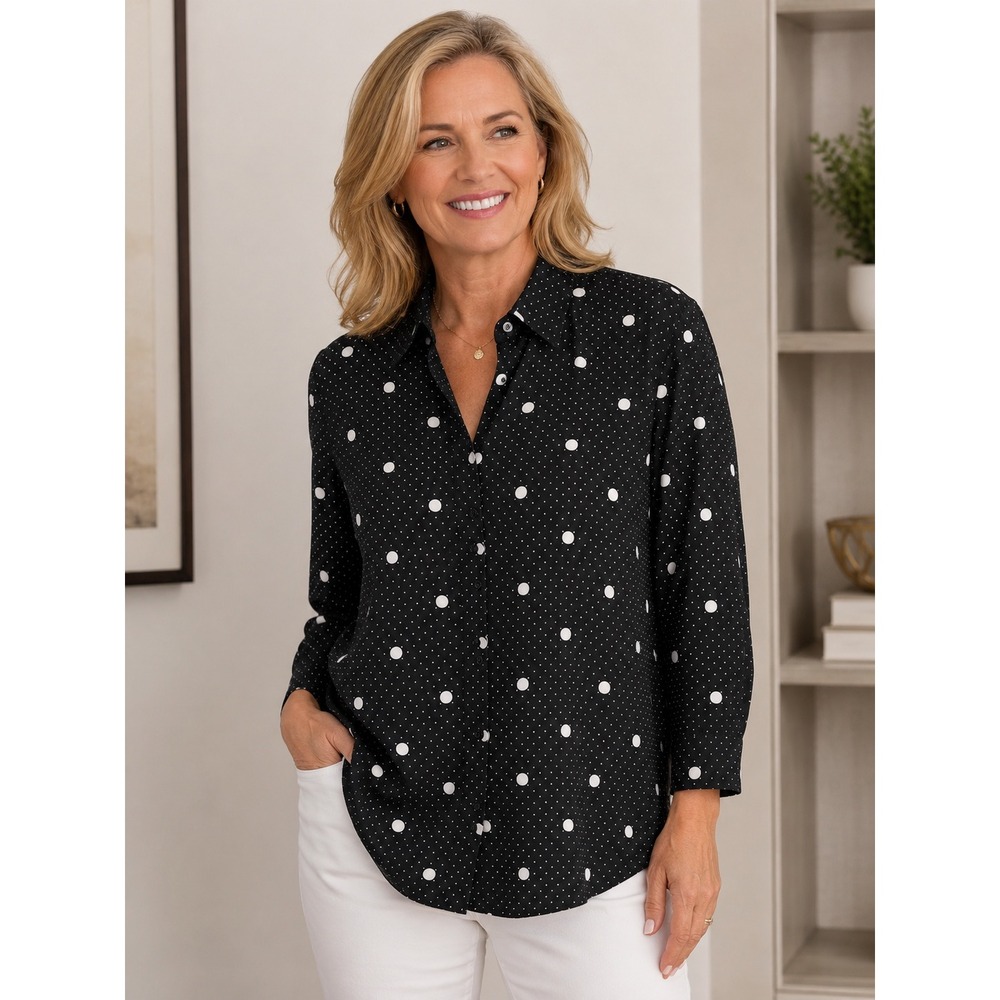 Chicos No Iron Black Polka Dot Button Front Shirt Office Womens 3 US XL 16/18